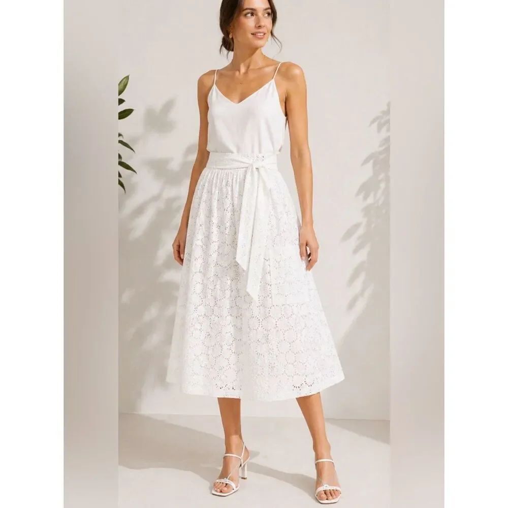 NEW Lilly Pulitzer PIER MIDI SKIRT w SASH Resort White Sunshine EYELET